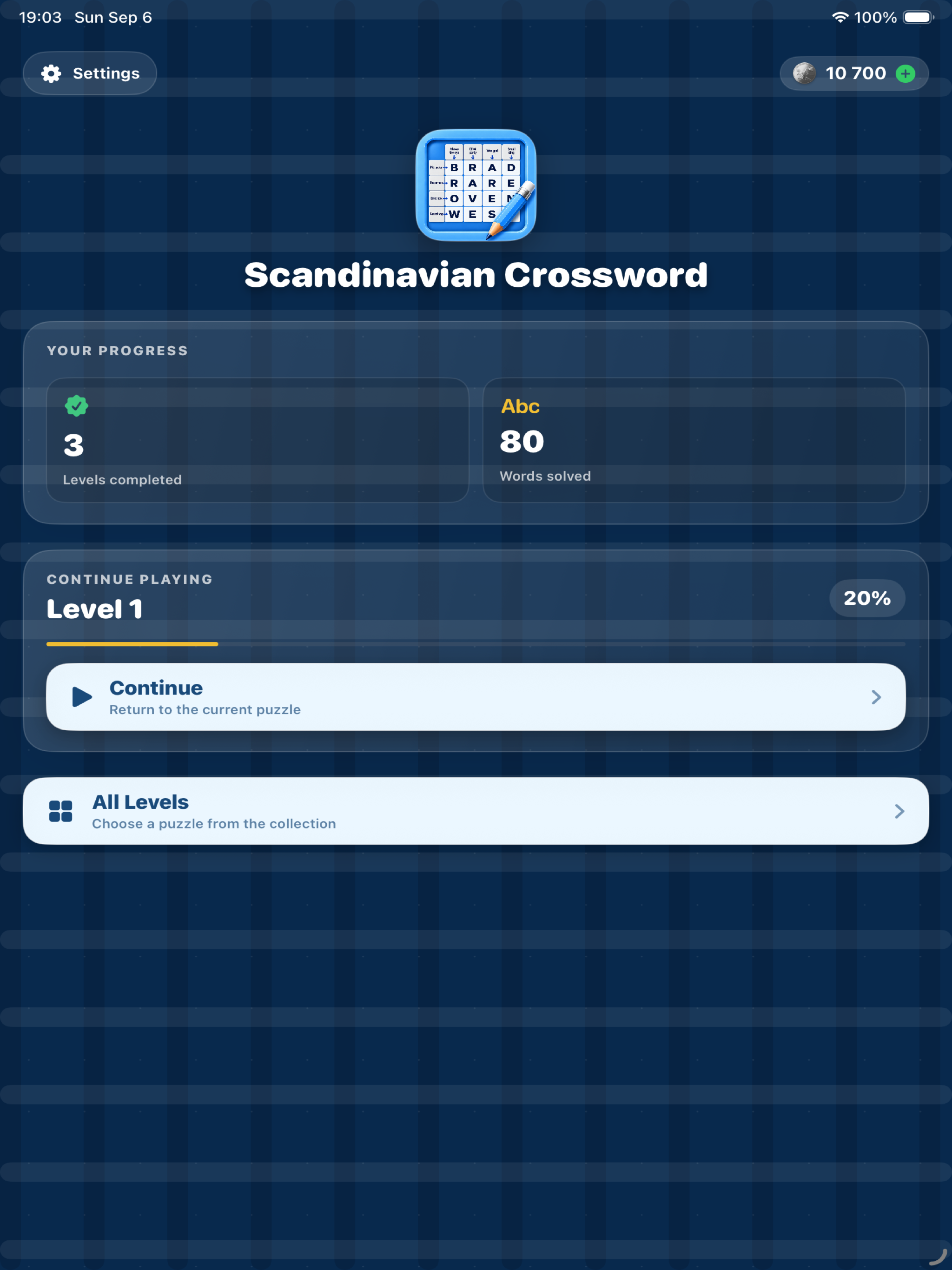 Main menu on iPad