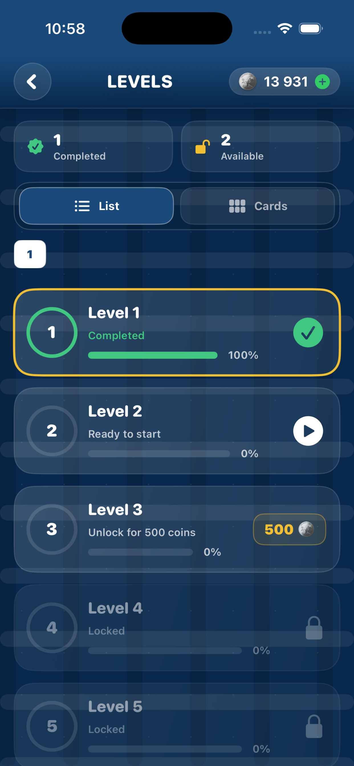 Level selection screen on iPhone