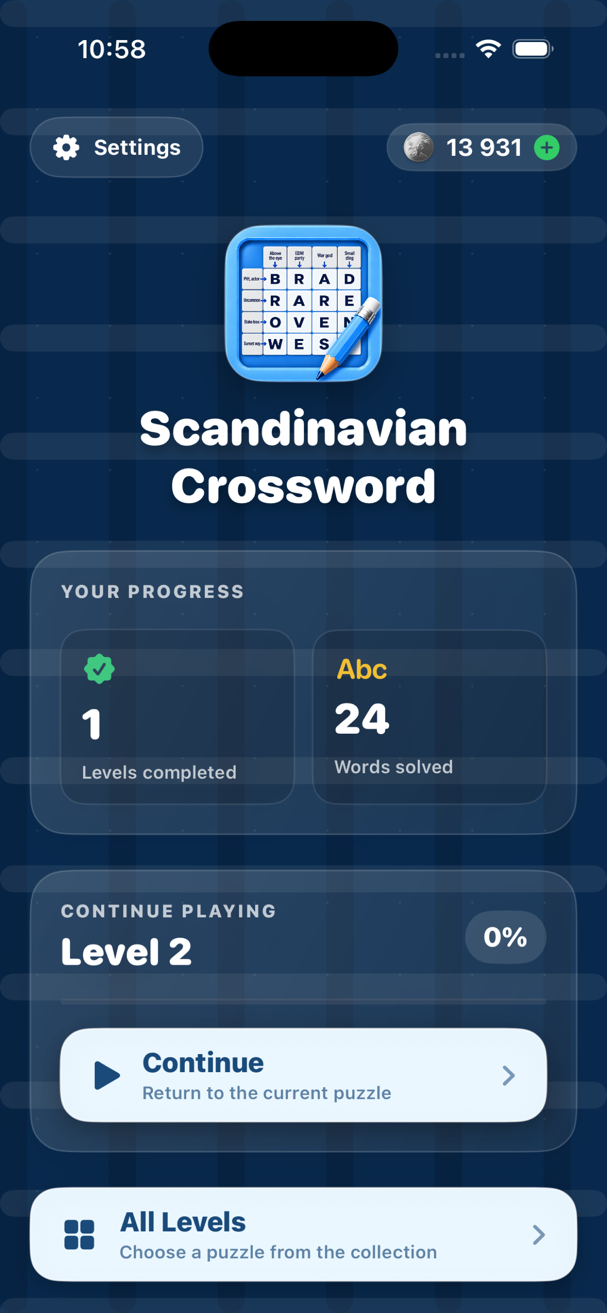 Scandinavian Crossword 2026 main menu on iPhone