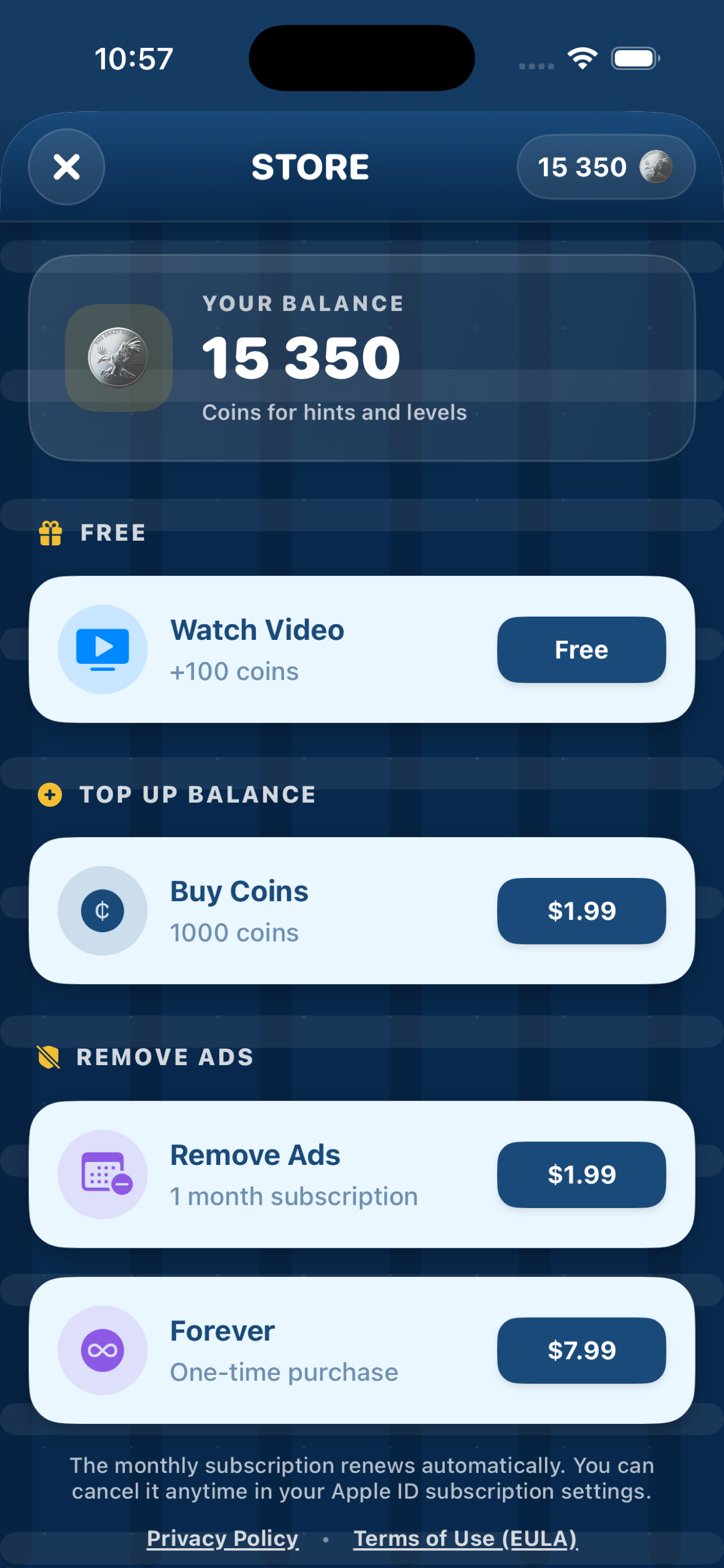 Coin and ad removal store on iPhone