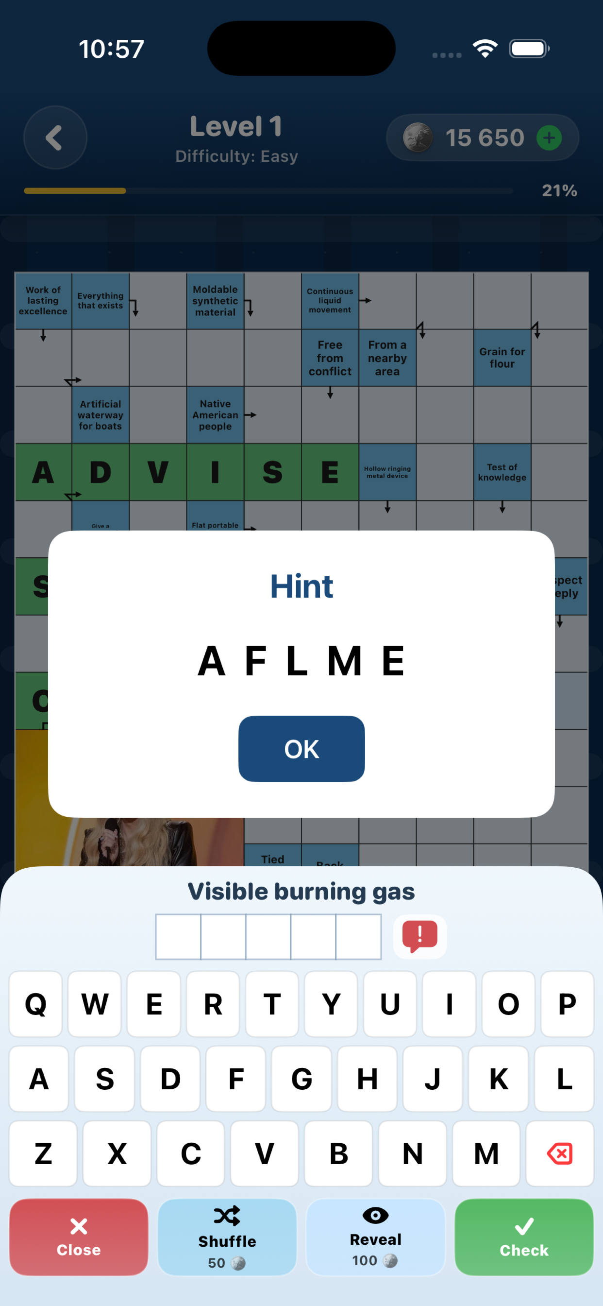 Hint with shuffled letters on iPhone